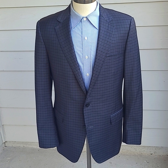 SAMUELSOHN Recent Grey Blue Plaid Super 120s Wool Mens Sz 44 L Sport Coat Blazer